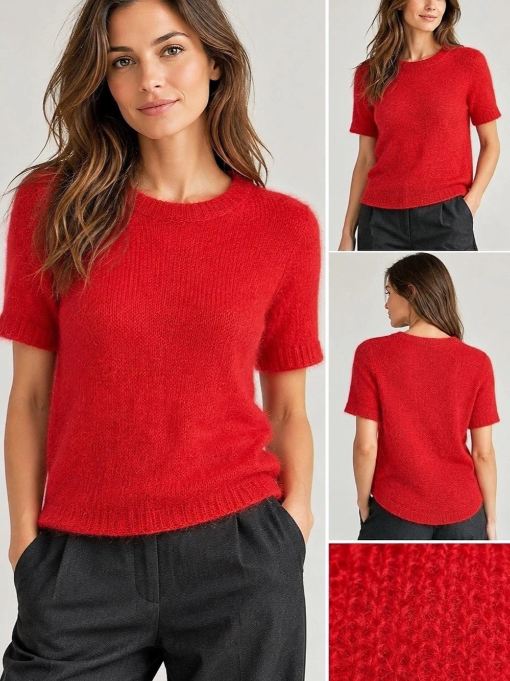 Halston Heritage Red Mohair Wool Blend Short Sleeve Sweater XS Like New